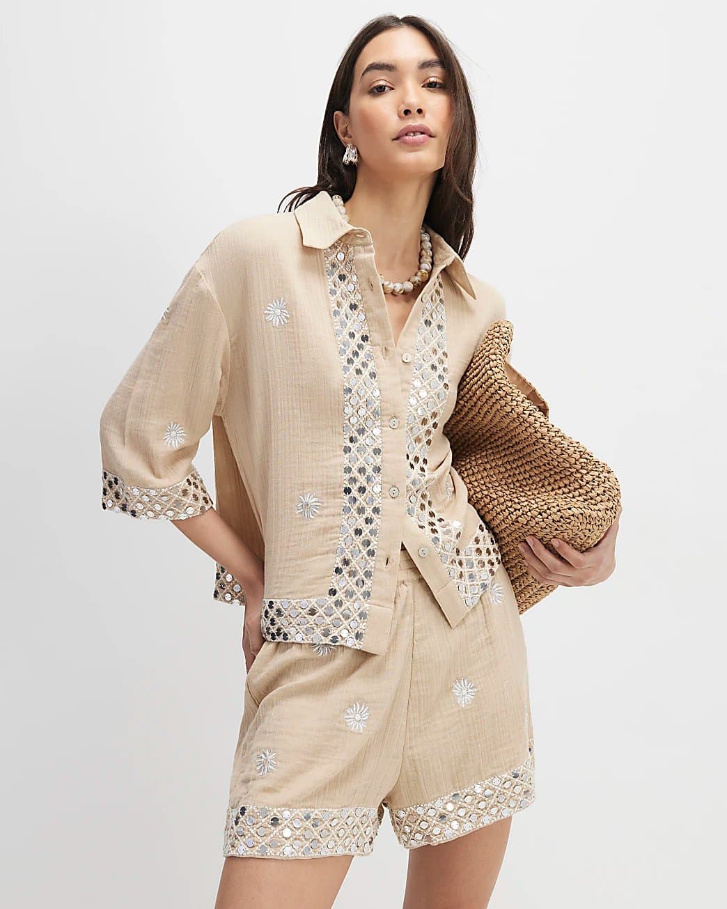 River Island River Island Womens Beige Sequin Embellished Floaty Shorts
