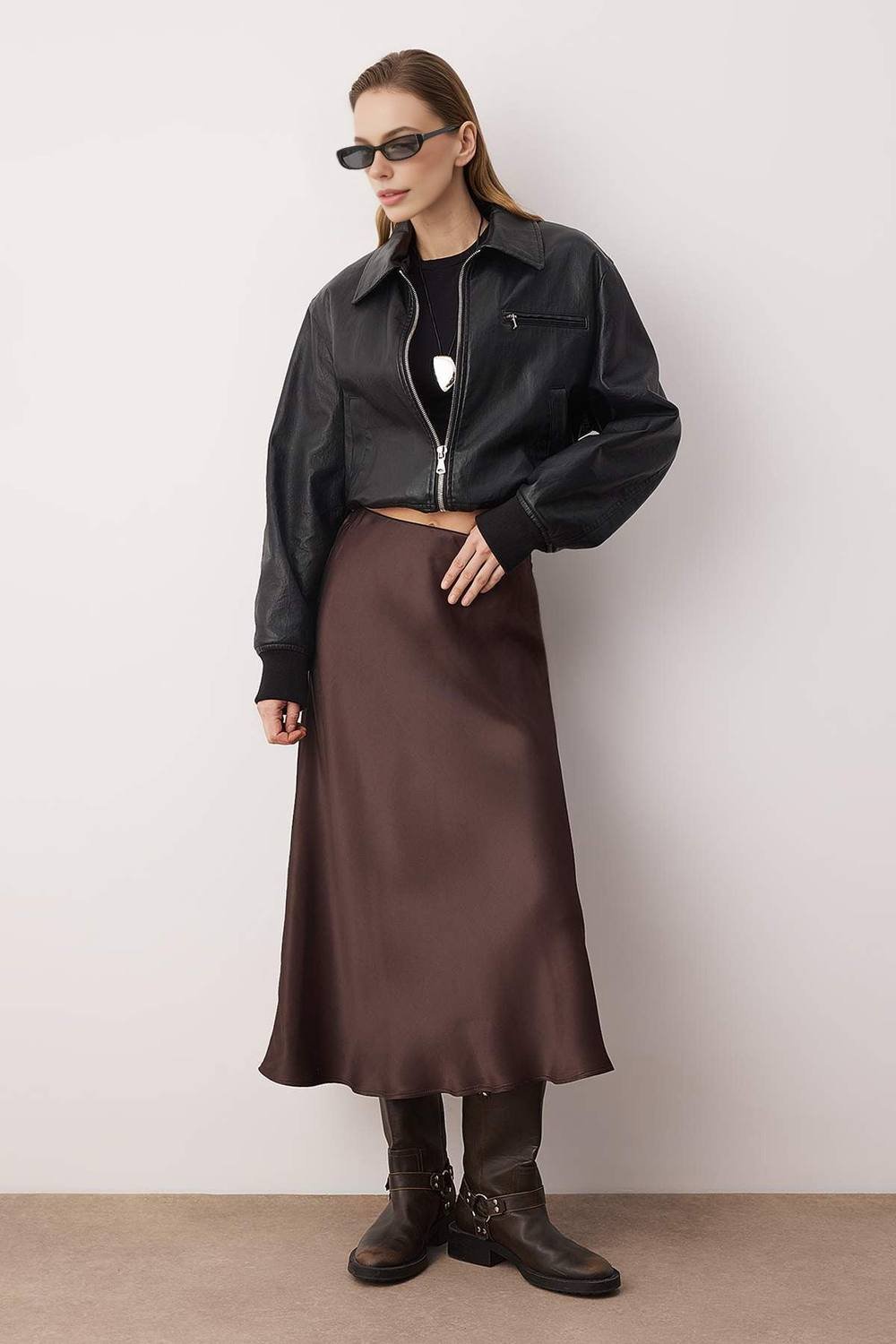 WOVCOR WOVCOR Women's Woven Satin Midi Skirt in Brown - 3