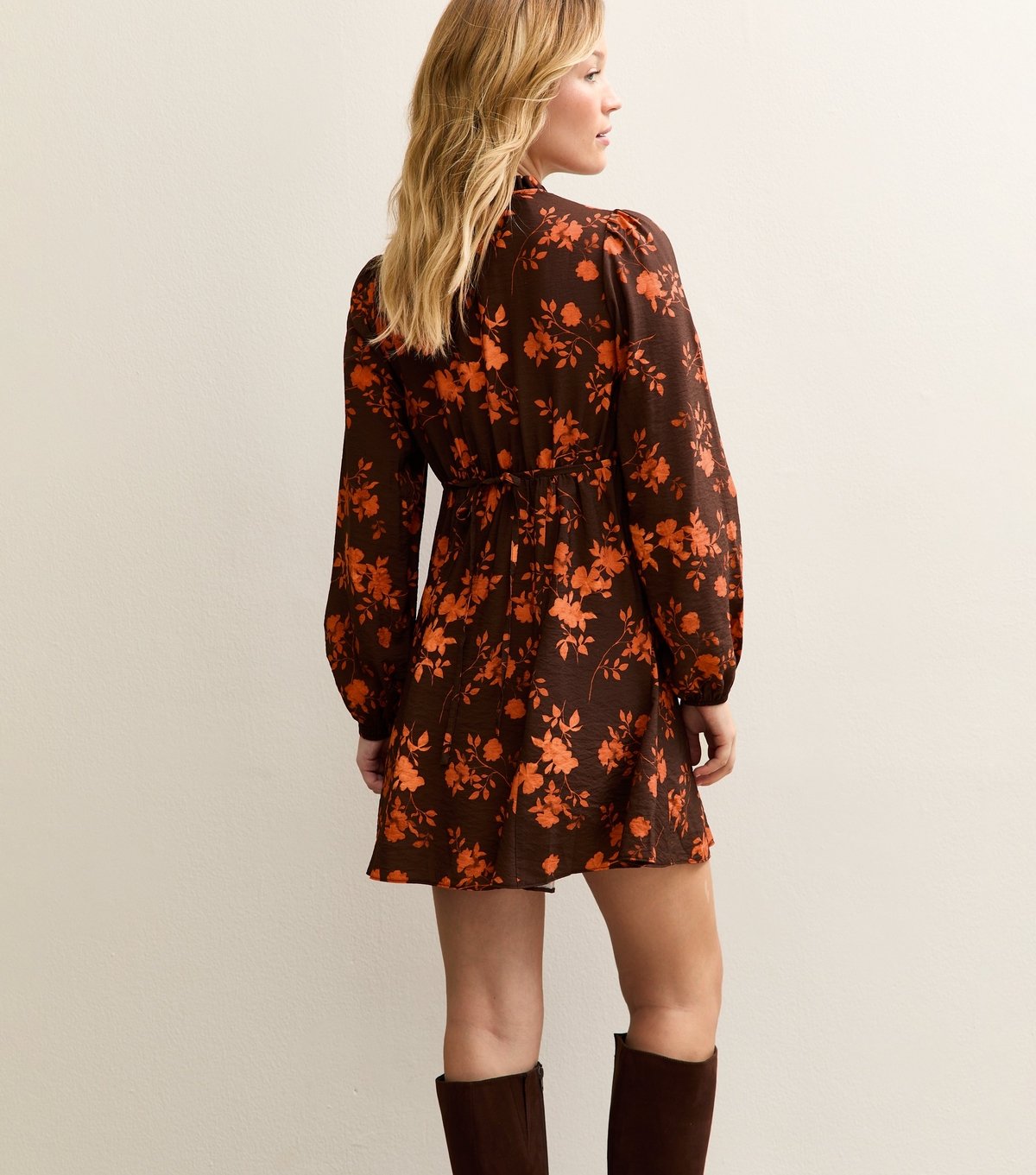 New Look Women's Brown Floral Tie Neck Long Sleeve Mini Dress New Look - 4