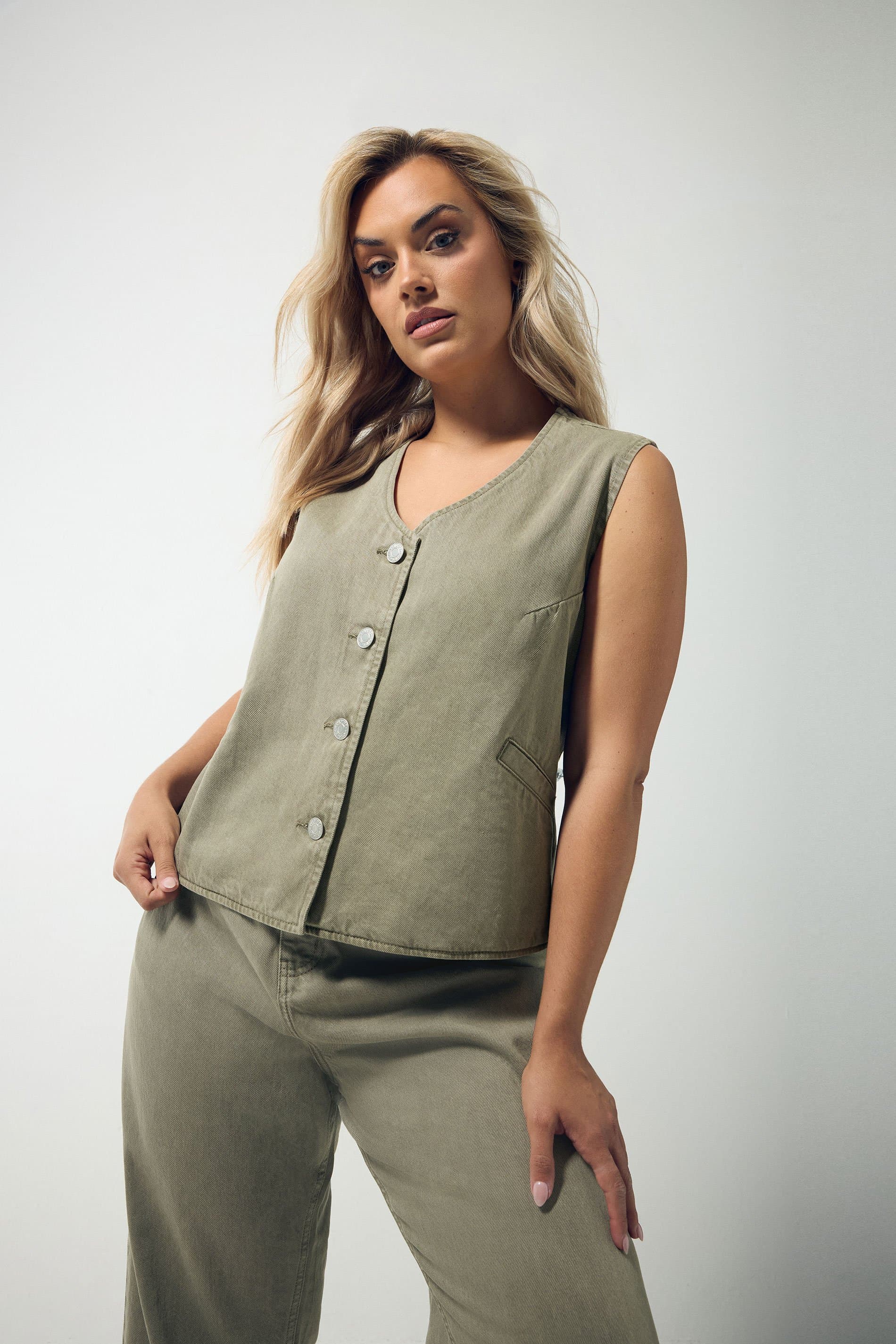 Yours Plus Size Washed Khaki Green Denim Waistcoat