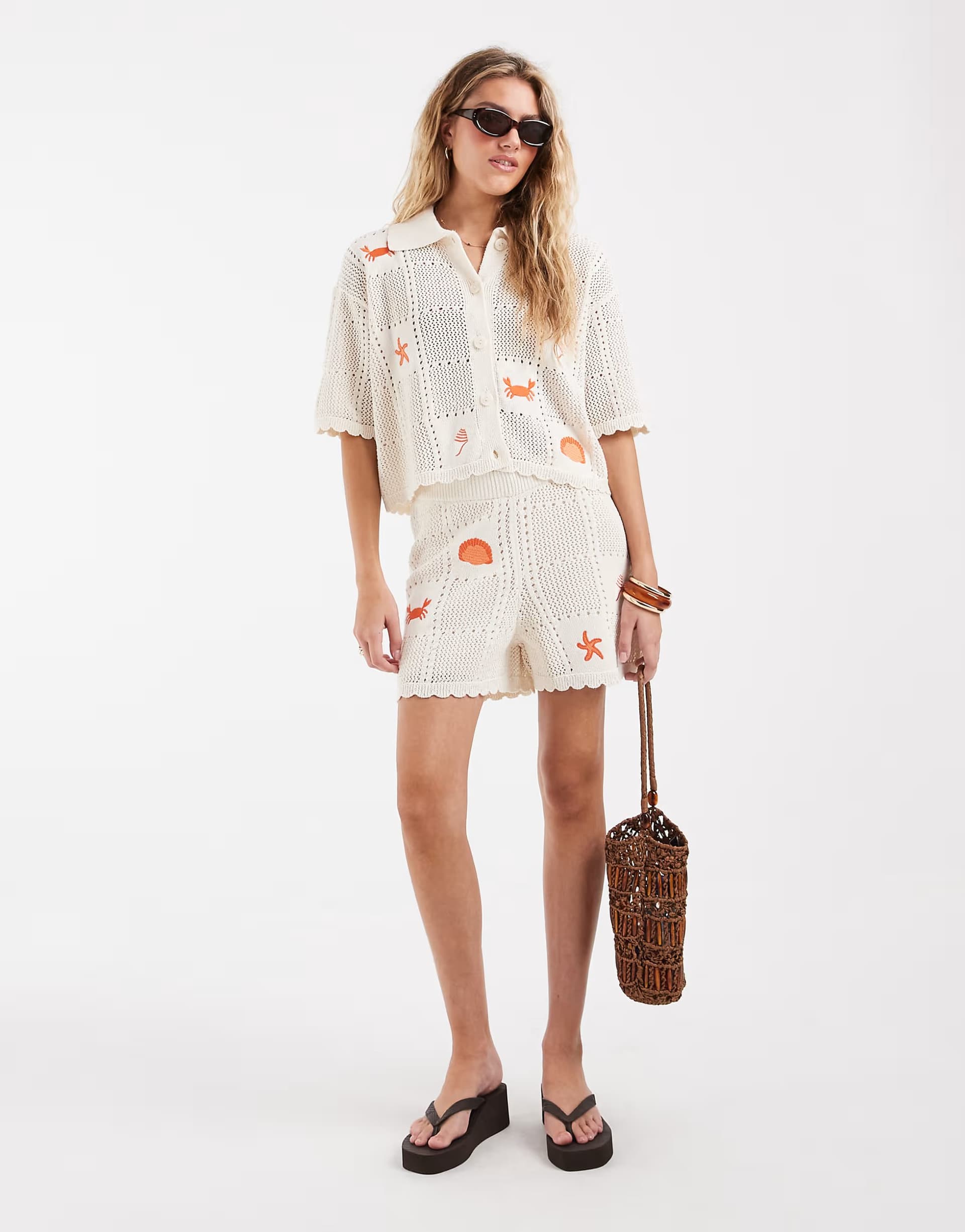 ASOS Vero Moda short sleeve crochet polo and shorts set in cream with crab embroidery