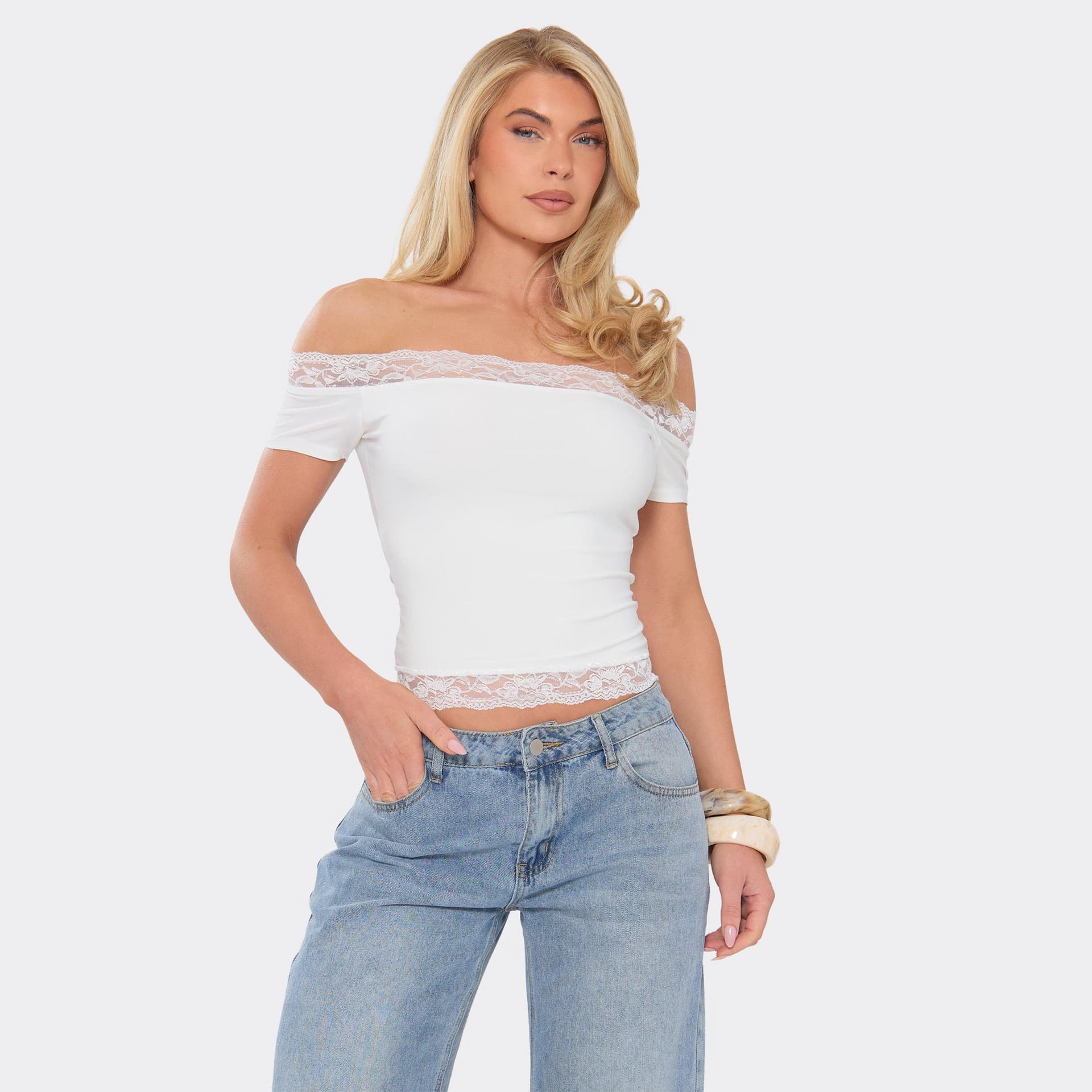 EGO EGO White Lace Off-Shoulder Trim Top