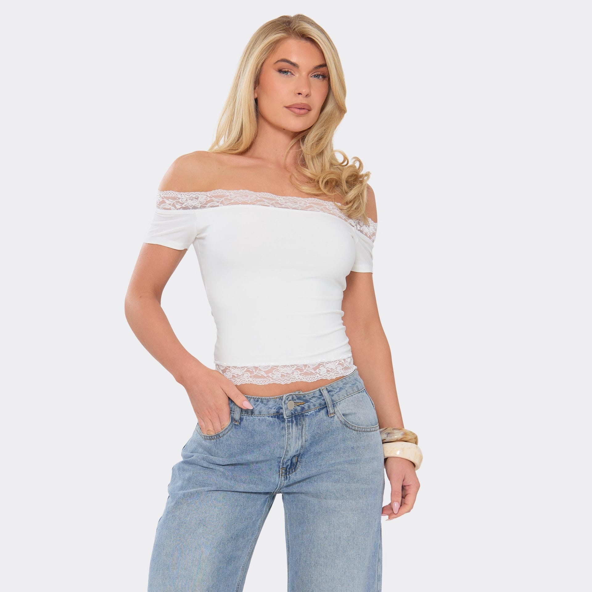 EGO White Lace Off-Shoulder Trim Top
