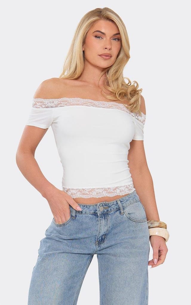 EGO Off The Shoulder Lace Trim Top In White, Women's Size UK 6 - 2
