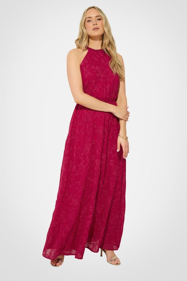 Long Tall Sally Long Tall Sally Women's Tall Embroidered Halterneck Maxi Dress in Cerise - 3