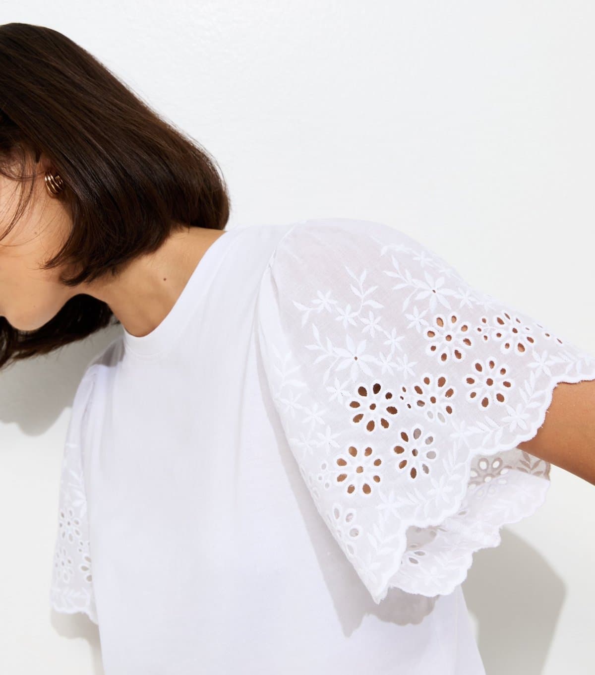 New Look Women's White Broderie Anglaise Sleeve T-Shirt New Look