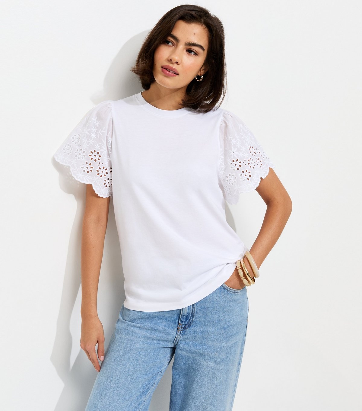 New Look Women's White Broderie Anglaise Sleeve T-Shirt New Look - 2
