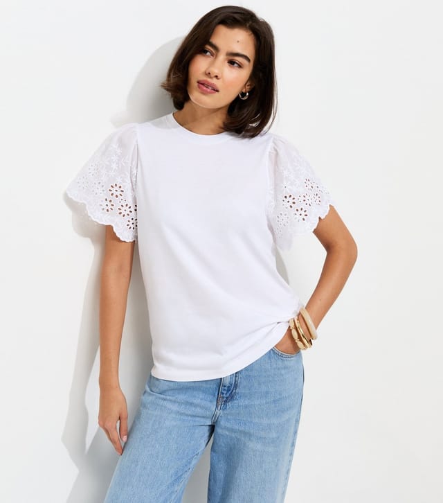 New Look Women's White Broderie Anglaise Sleeve T-Shirt New Look - 2