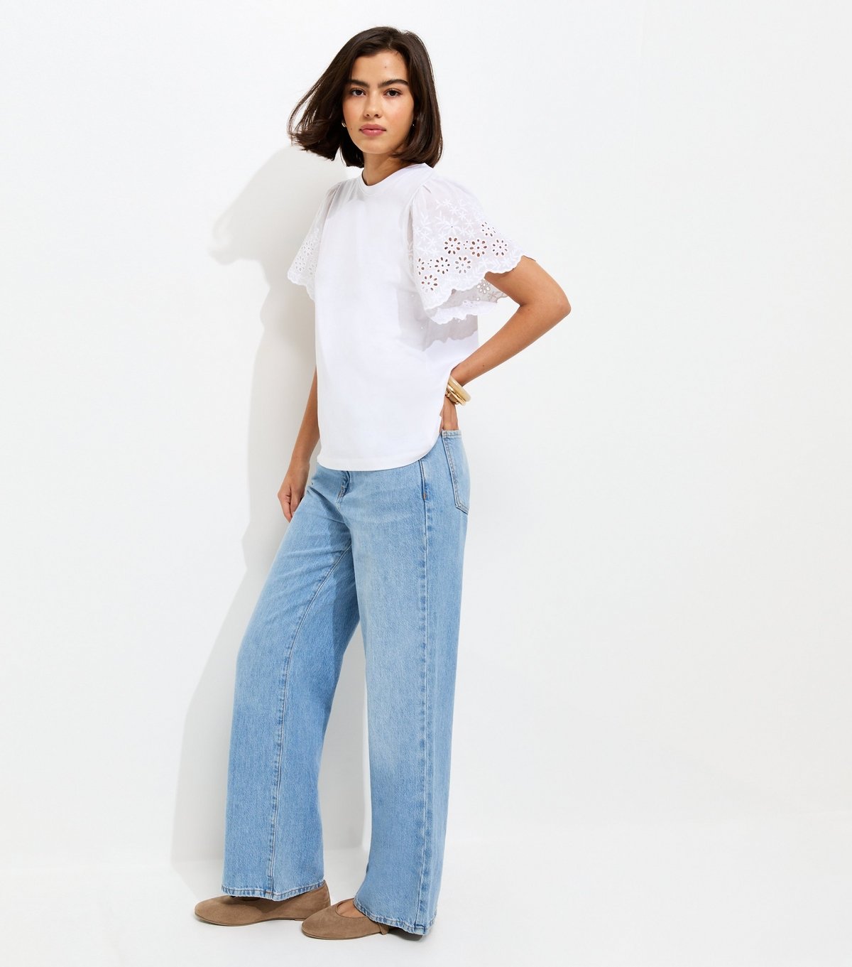 New Look Women's White Broderie Anglaise Sleeve T-Shirt New Look - 3