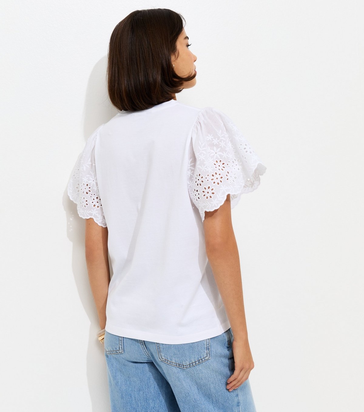 New Look Women's White Broderie Anglaise Sleeve T-Shirt New Look - 4