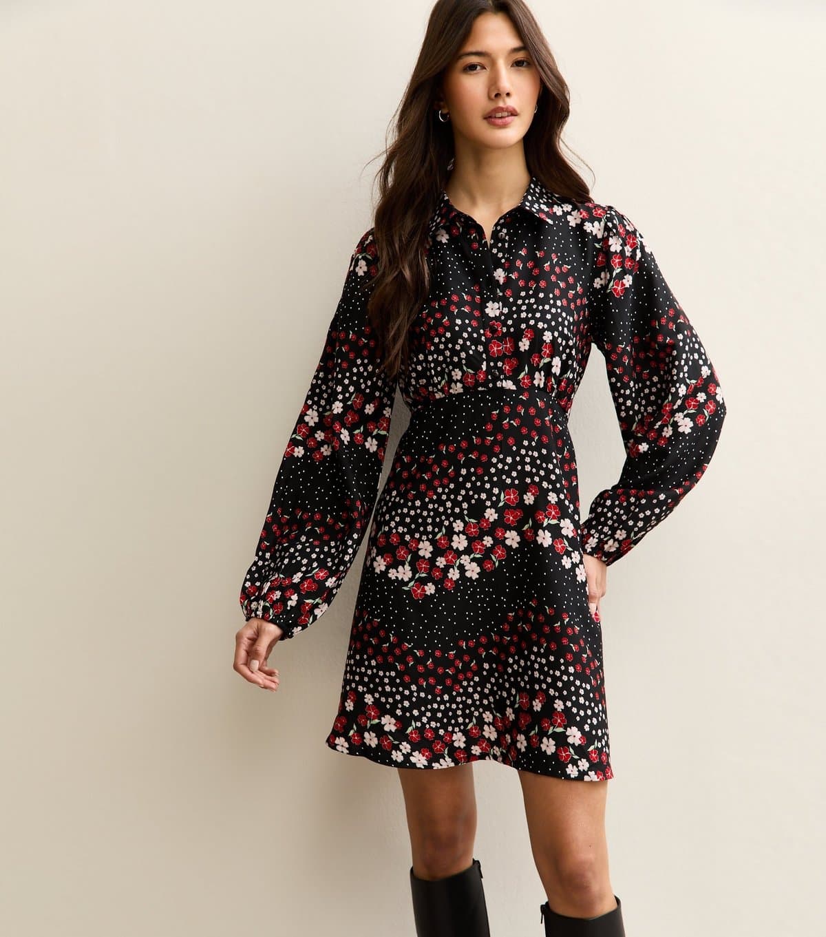 New Look Women's Black Floral Long Sleeve Mini Shirt Dress New Look