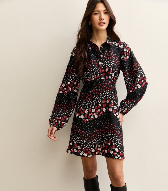 New Look Women's Black Floral Long Sleeve Mini Shirt Dress New Look - 2