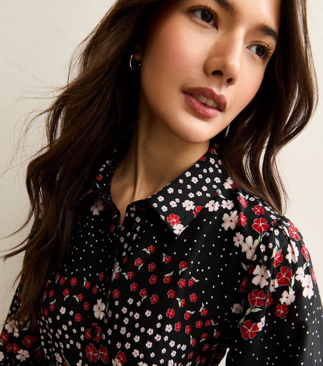 New Look Women's Black Floral Long Sleeve Mini Shirt Dress New Look - 3