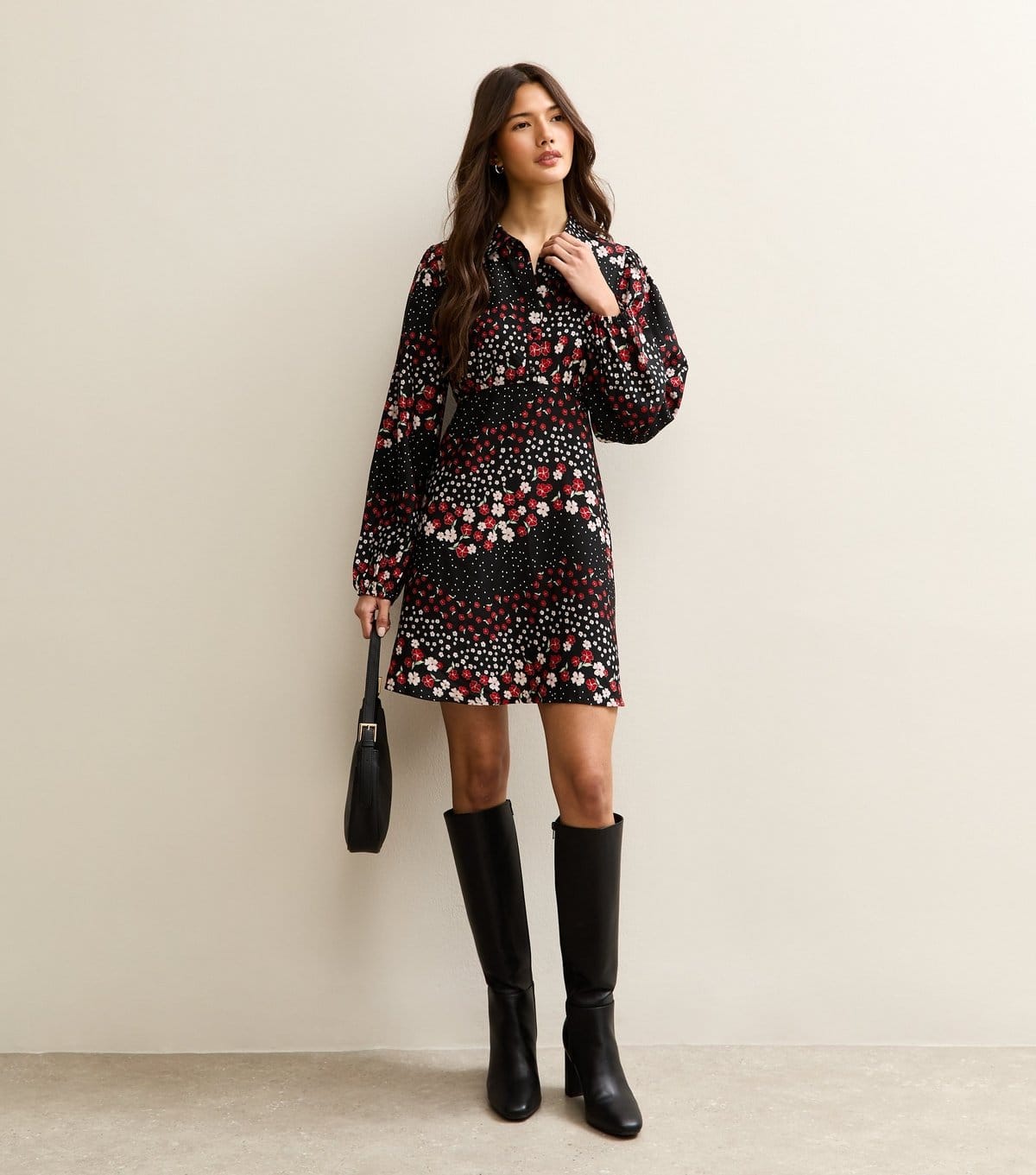 New Look Women's Black Floral Long Sleeve Mini Shirt Dress New Look - 4