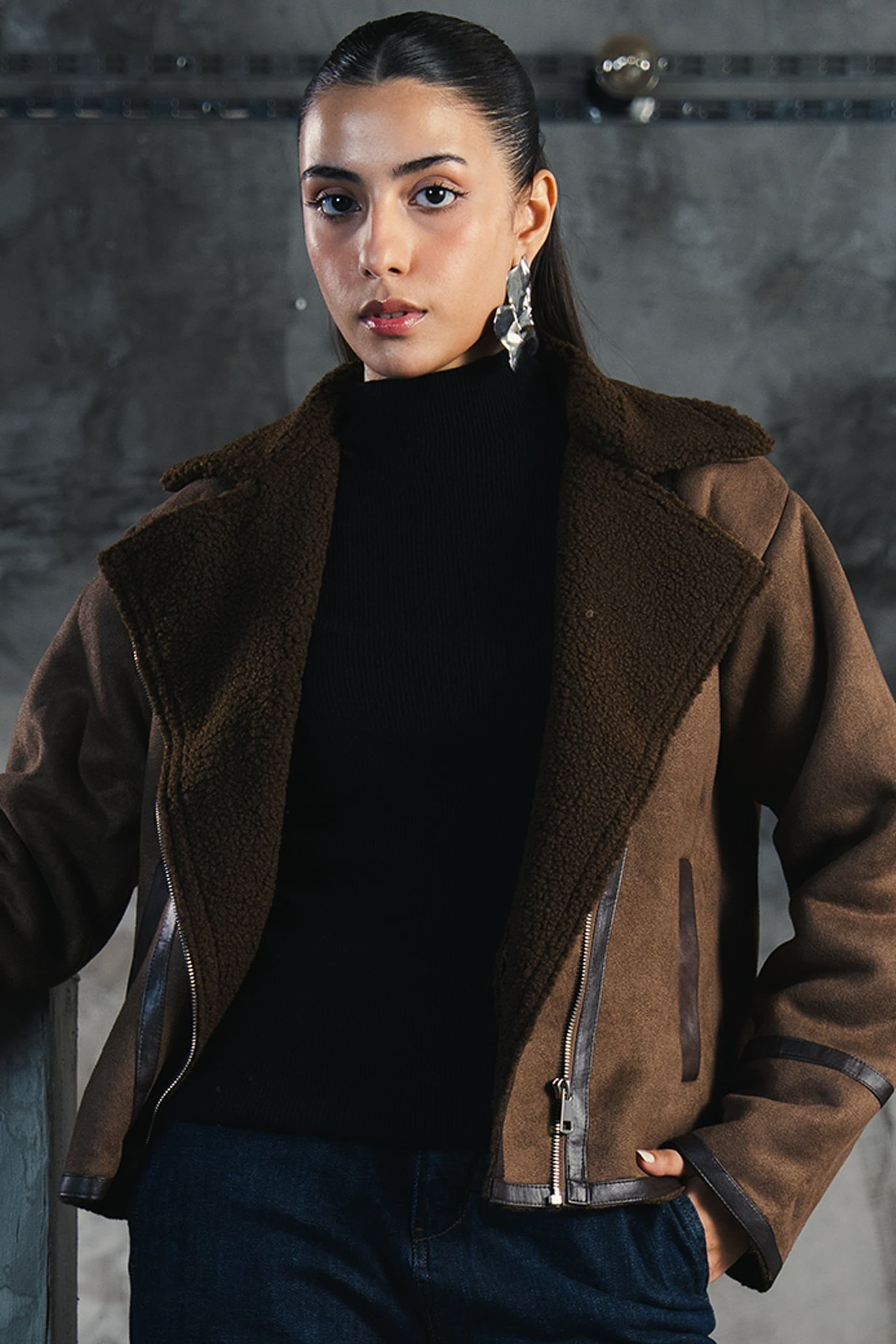 Zafosh Zafosh Women's Faux Suede Biker Jacket - Lapel Collar & Zip Closure in Dark Brown