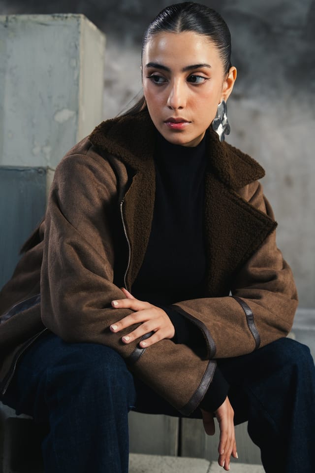 Zafosh Zafosh Women's Faux Suede Biker Jacket - Lapel Collar & Zip Closure in Dark Brown - 2