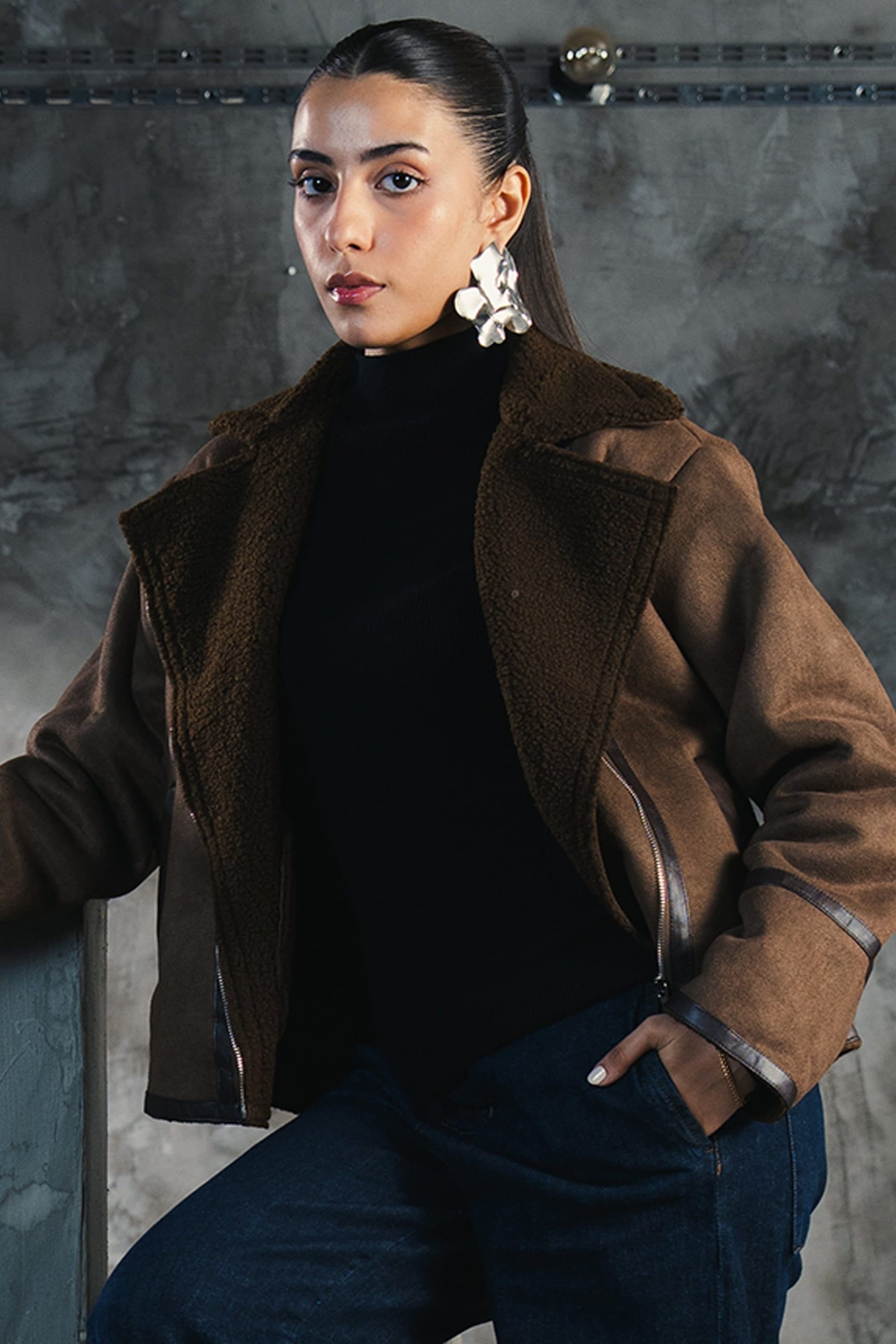 Zafosh Zafosh Women's Faux Suede Biker Jacket - Lapel Collar & Zip Closure in Dark Brown - 4