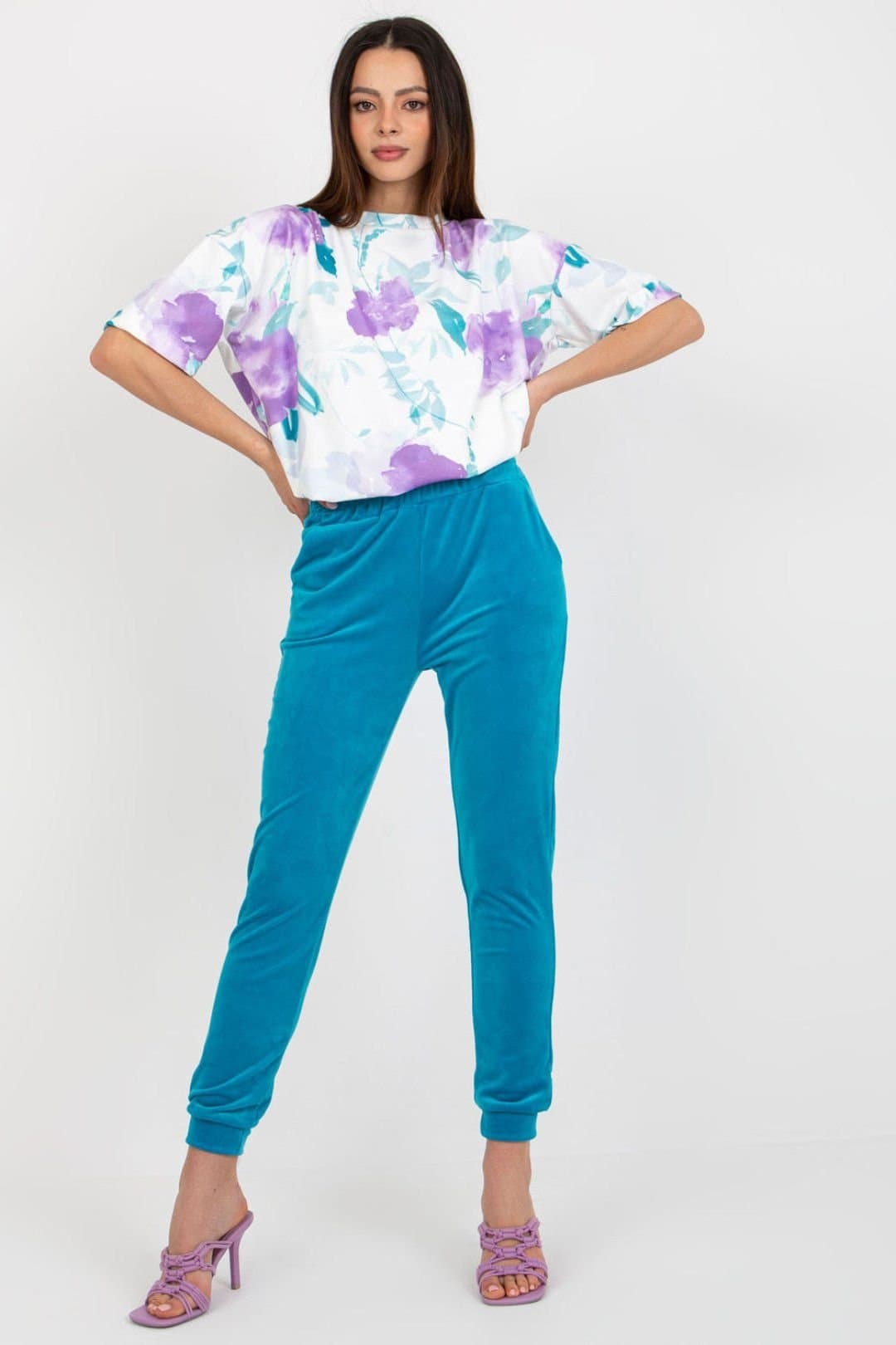 Love Lace Love Lace Women's Velour Pattern Blouse & High Waist Pants Set in Blue