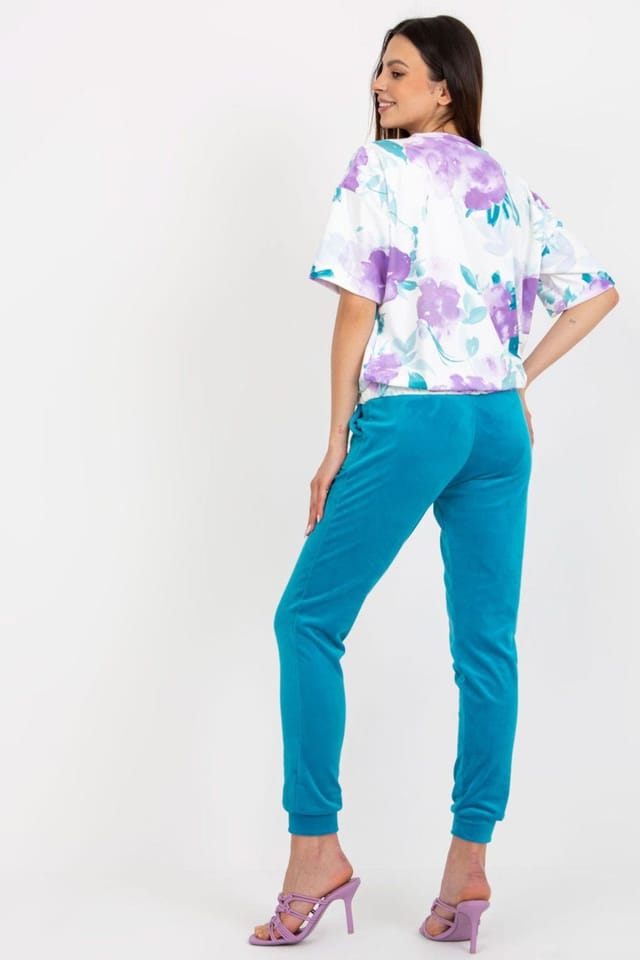 Love Lace Love Lace Women's Velour Pattern Blouse & High Waist Pants Set in Blue - 3