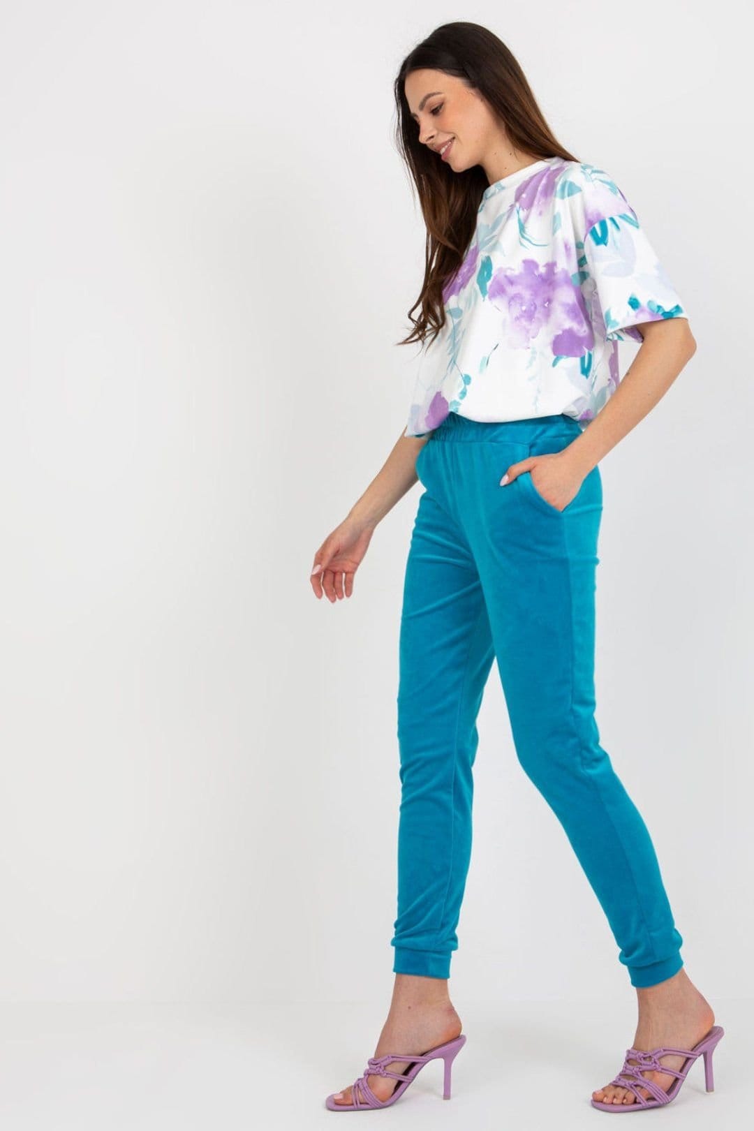 Love Lace Love Lace Women's Velour Pattern Blouse & High Waist Pants Set in Blue - 4