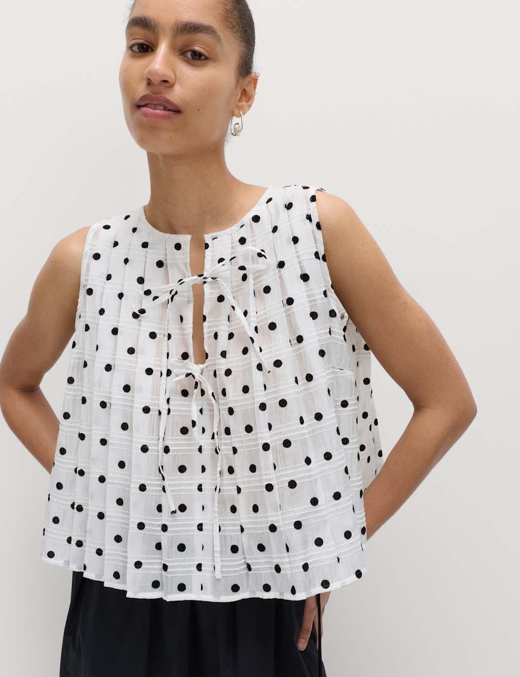 Marks & Spencer M&S Lyocell Blend Polka Dot Tie Front Top White