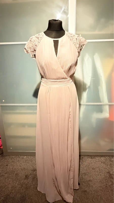 TFNC London Blush pink occasion dress with lace top detail and cut out back size Uk 8