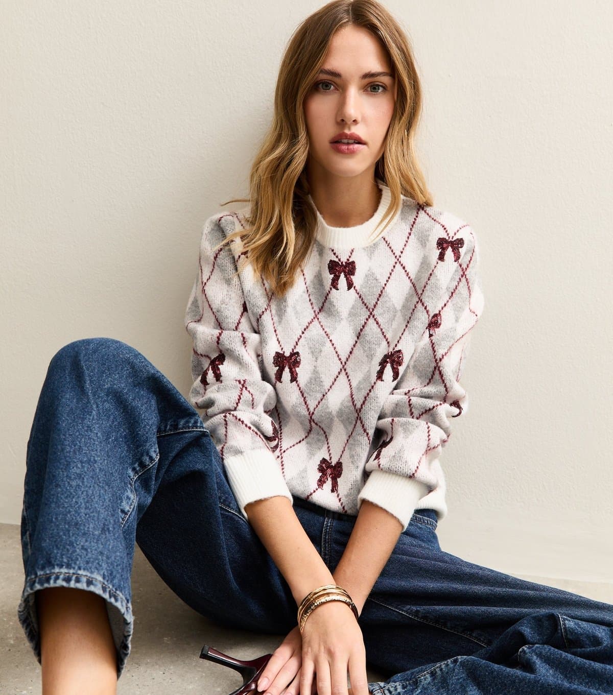 New Look New Look Grey Argyle Sequin Bow Knit Jumper