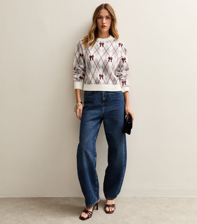 New Look Women's Grey Argyle Sequin Bow Knit Jumper New Look - 2