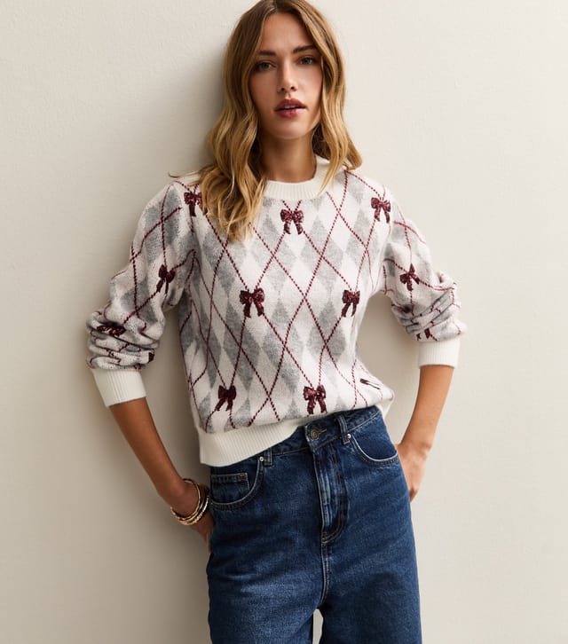 New Look Women's Grey Argyle Sequin Bow Knit Jumper New Look - 3