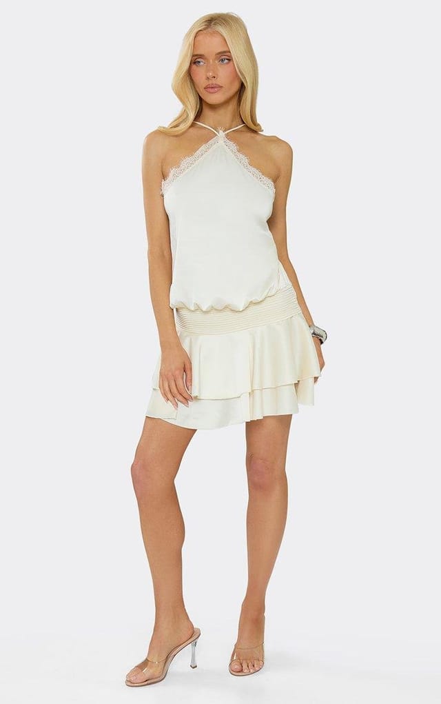 EGO Halterneck Lace Trim Layered Frill Hem Mini Dress In Cream, Women's Size UK 6 - 2