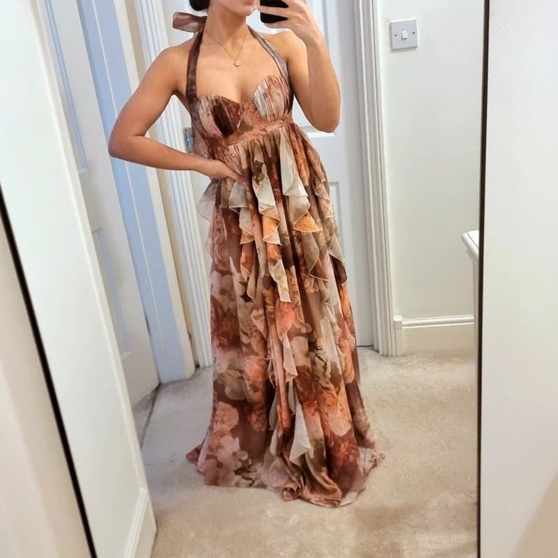 ASOS ASOS Luxe Brown Floral Chiffon Ruffle Maxi Dress Halter Spring Summer Wedding Guest