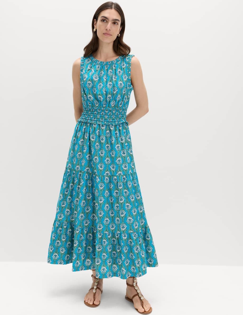 Marks & Spencer M&S Pure Cotton Floral Midi Waisted Dress Blue Mix