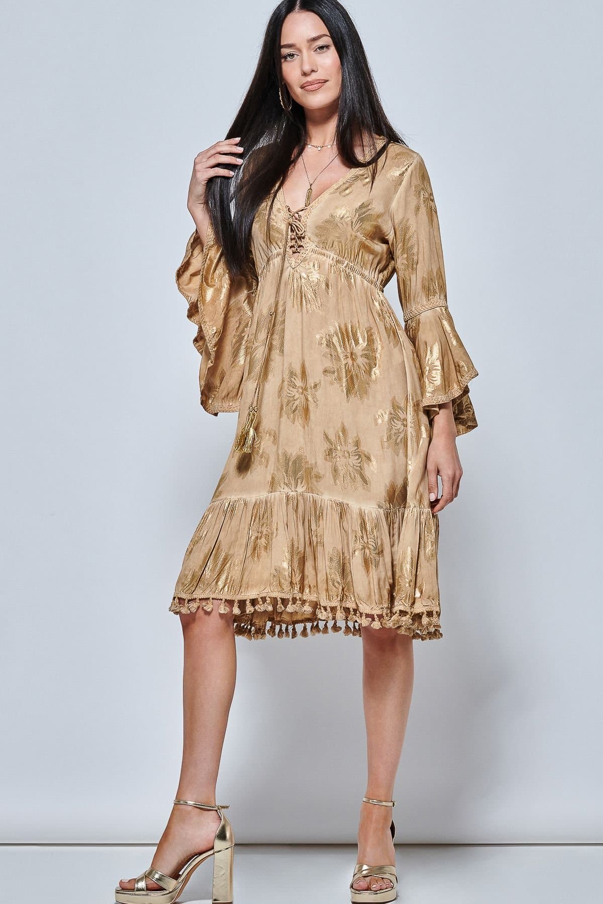 Jolie Moi Jolie Moi Women's Crochet Trim Midi Holiday Dress in Khaki