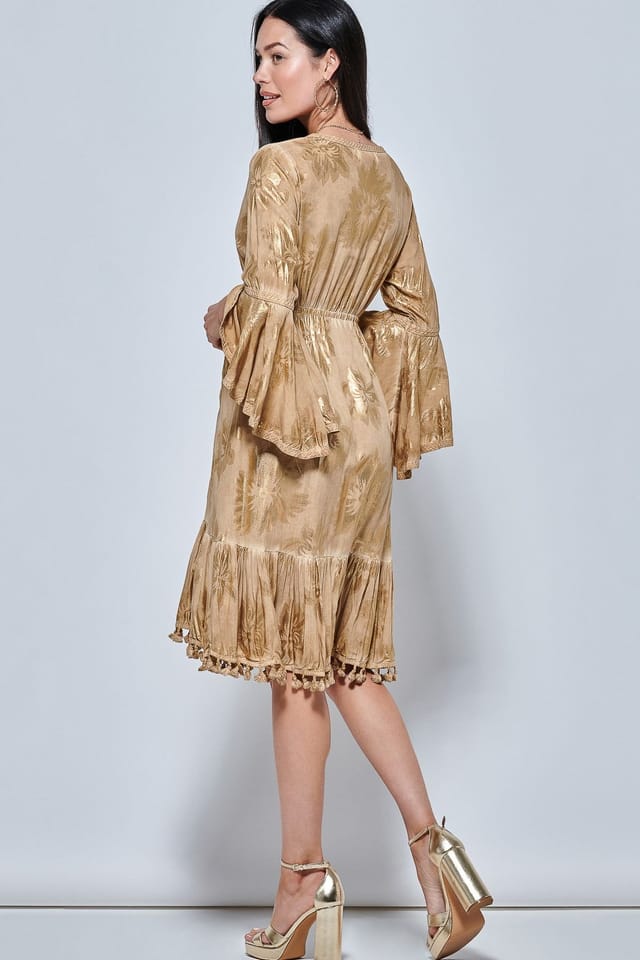 Jolie Moi Jolie Moi Women's Crochet Trim Midi Holiday Dress in Khaki - 2