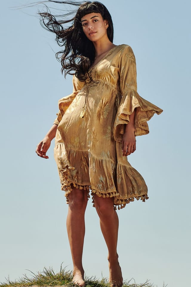 Jolie Moi Jolie Moi Women's Crochet Trim Midi Holiday Dress in Khaki - 3