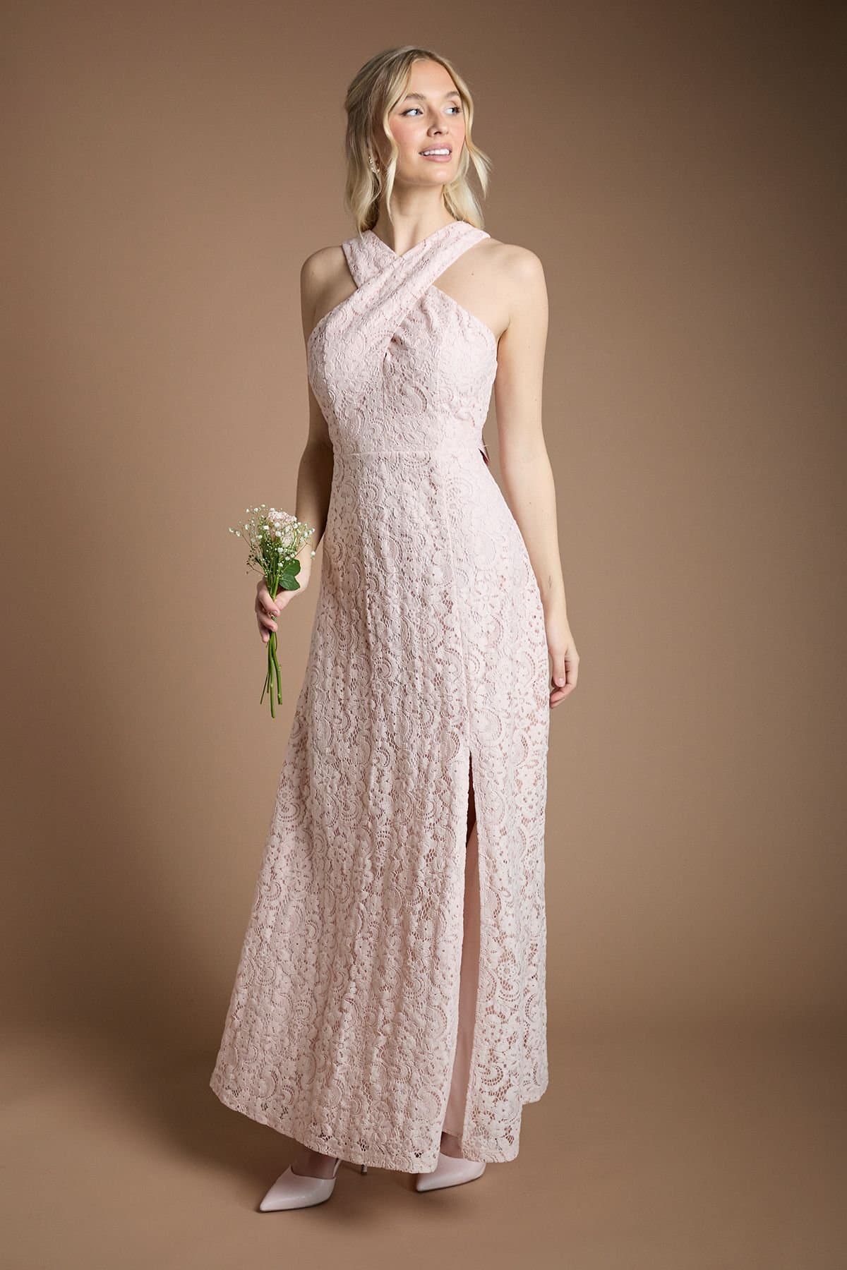 Coast Coast Women's Lace Cross Neck Bridesmaid Maxi Dress in Blush