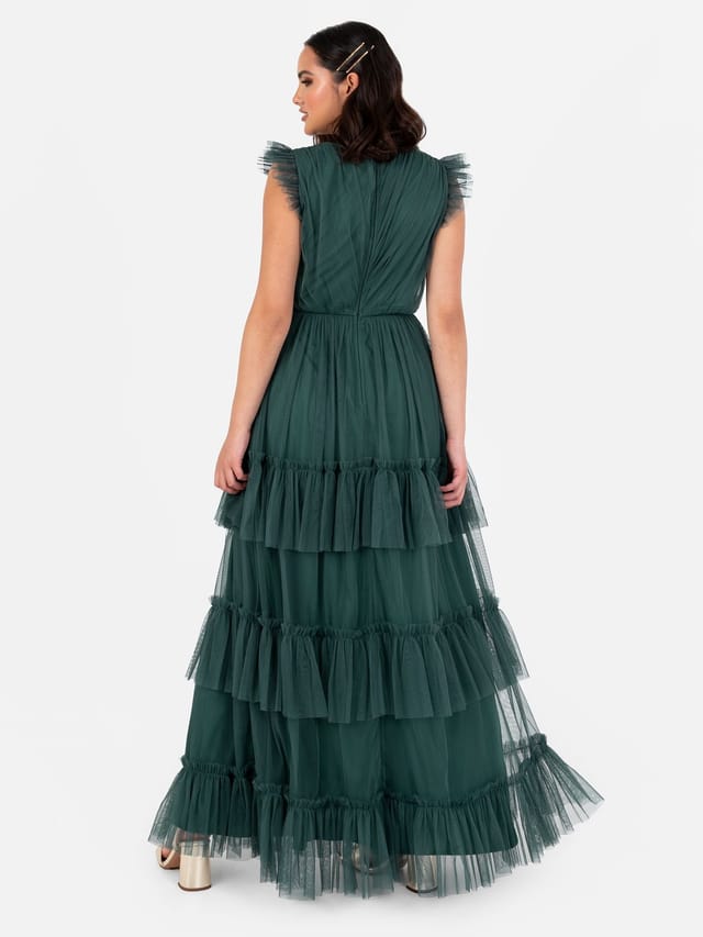 Anaya with Love Anaya with Love Women's Short Sleeve V Neck Tiered Maxi Dress in Emerald - 3