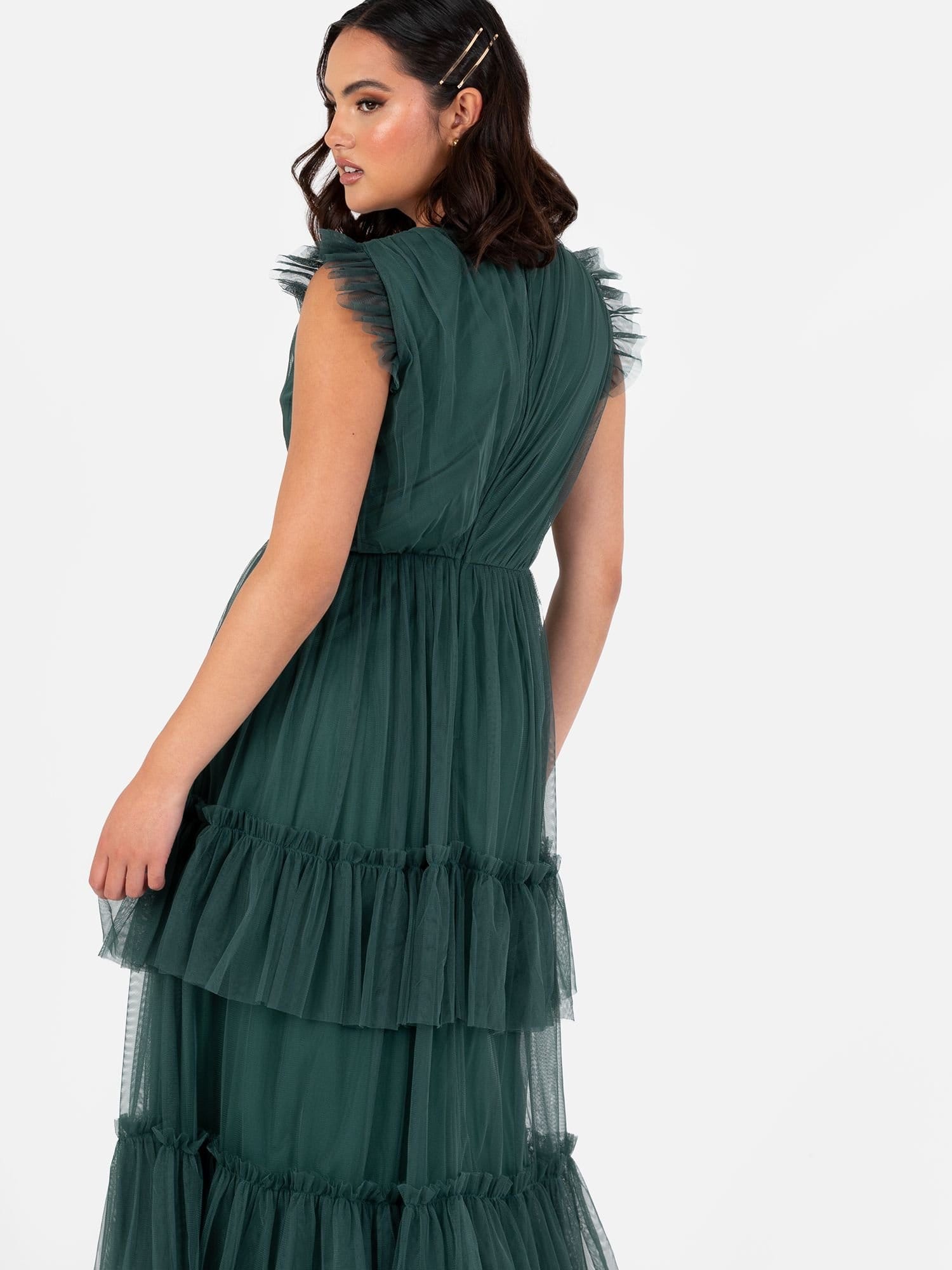 Anaya with Love Anaya with Love Women's Short Sleeve V Neck Tiered Maxi Dress in Emerald - 4