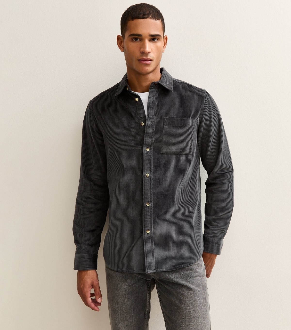 New Look Men's Dark Grey Regular Long Sleeve Corduroy Shirt New Look - 2