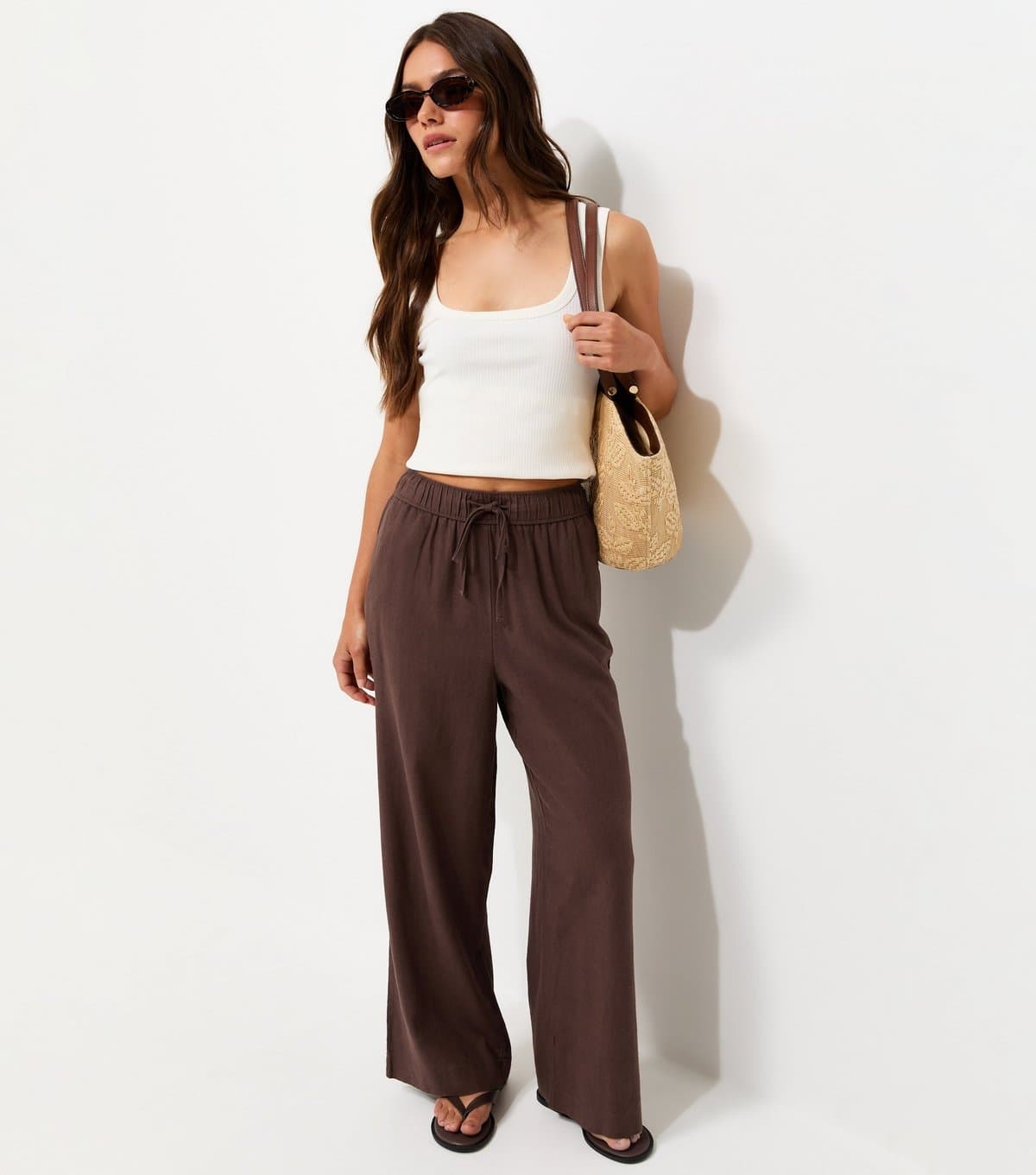 New Look Women's Petite Dark Brown Linen Blend Wide Leg Trousers New Look