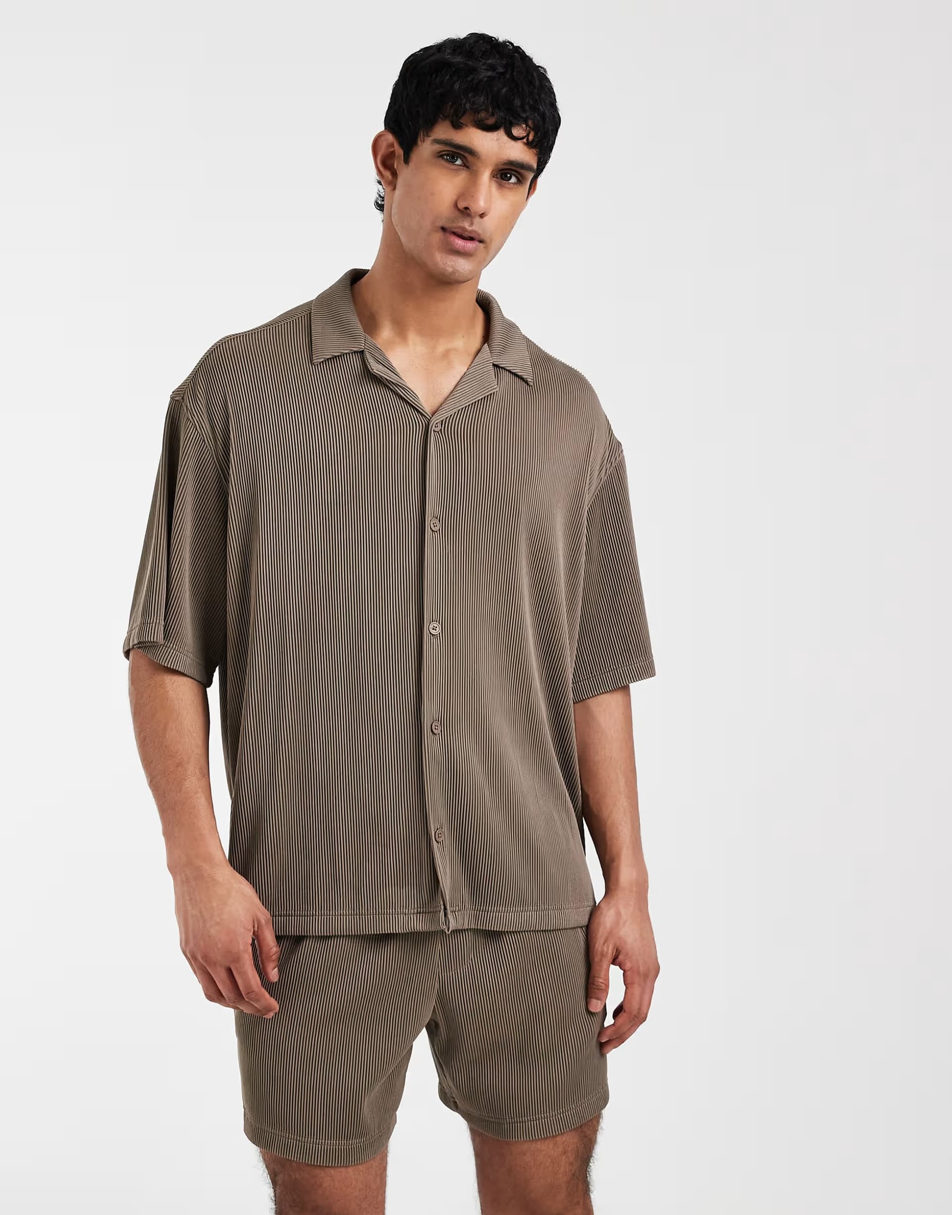 ASOS ASOS DESIGN co-ord oversized revere plisse shirt in brown