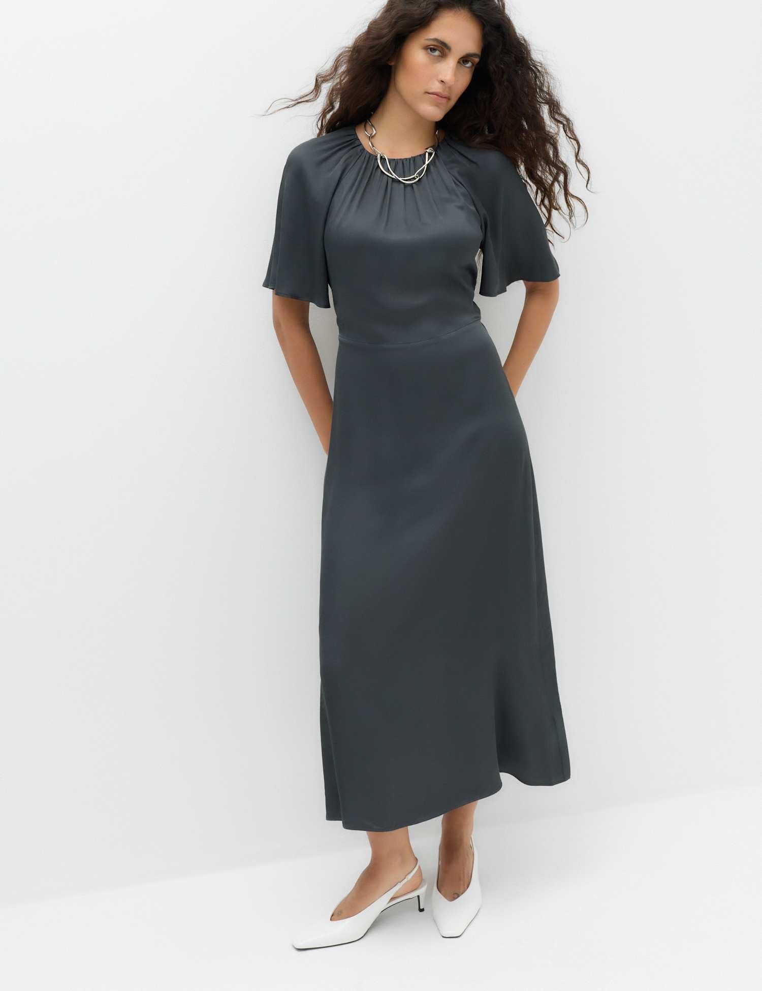 Marks & Spencer M&S Satin Belted Flute Sleeve Midi Waisted Dress Grey