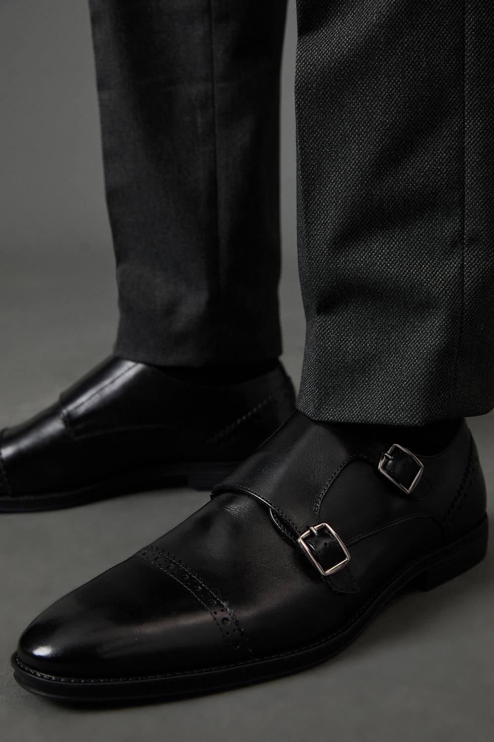 Burton Burton Men's Black Leather Smart Monk Strap Brogue Shoes - 2