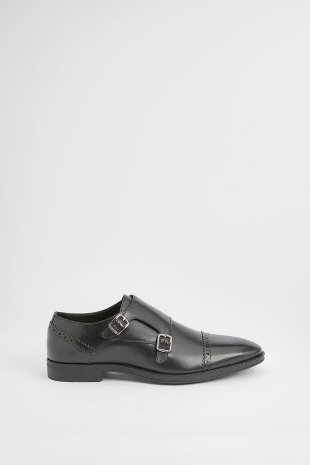 Burton Burton Men's Black Leather Smart Monk Strap Brogue Shoes - 2
