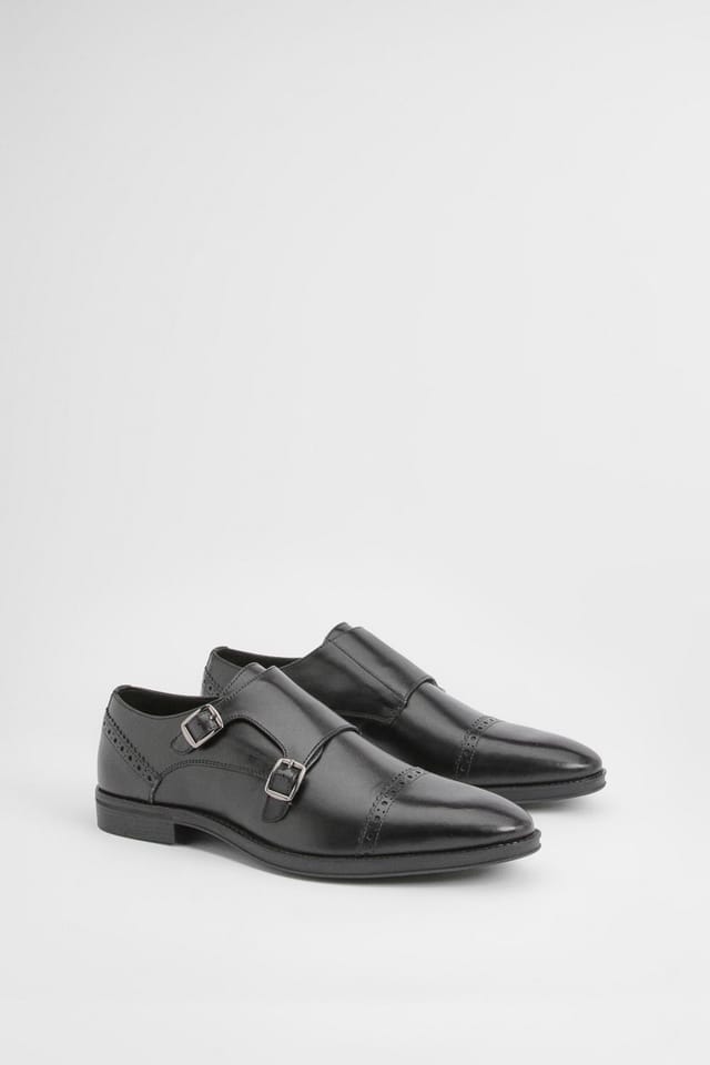Burton Burton Men's Black Leather Smart Monk Strap Brogue Shoes - 3