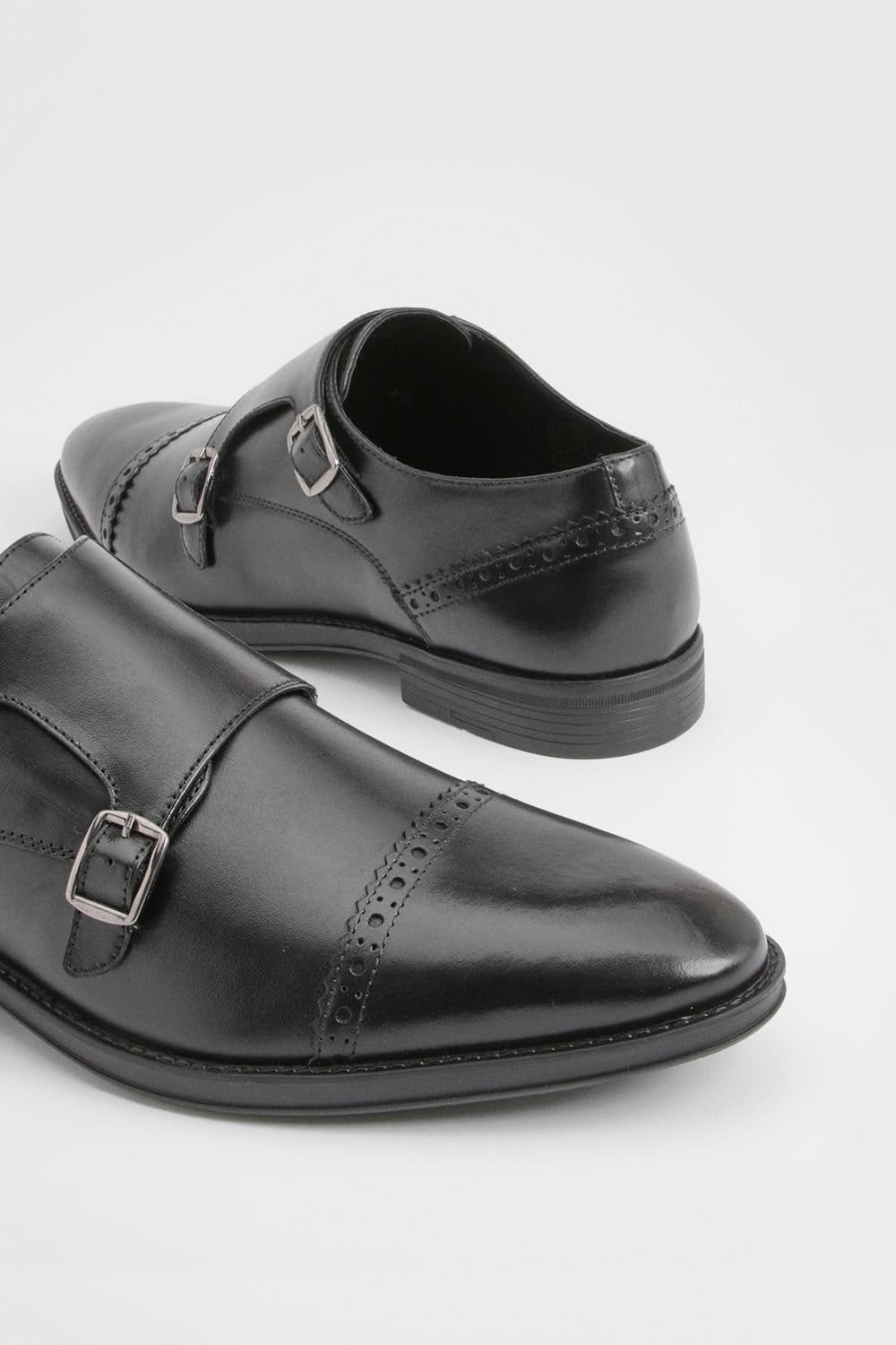 Burton Burton Men's Black Leather Smart Monk Strap Brogue Shoes - 4