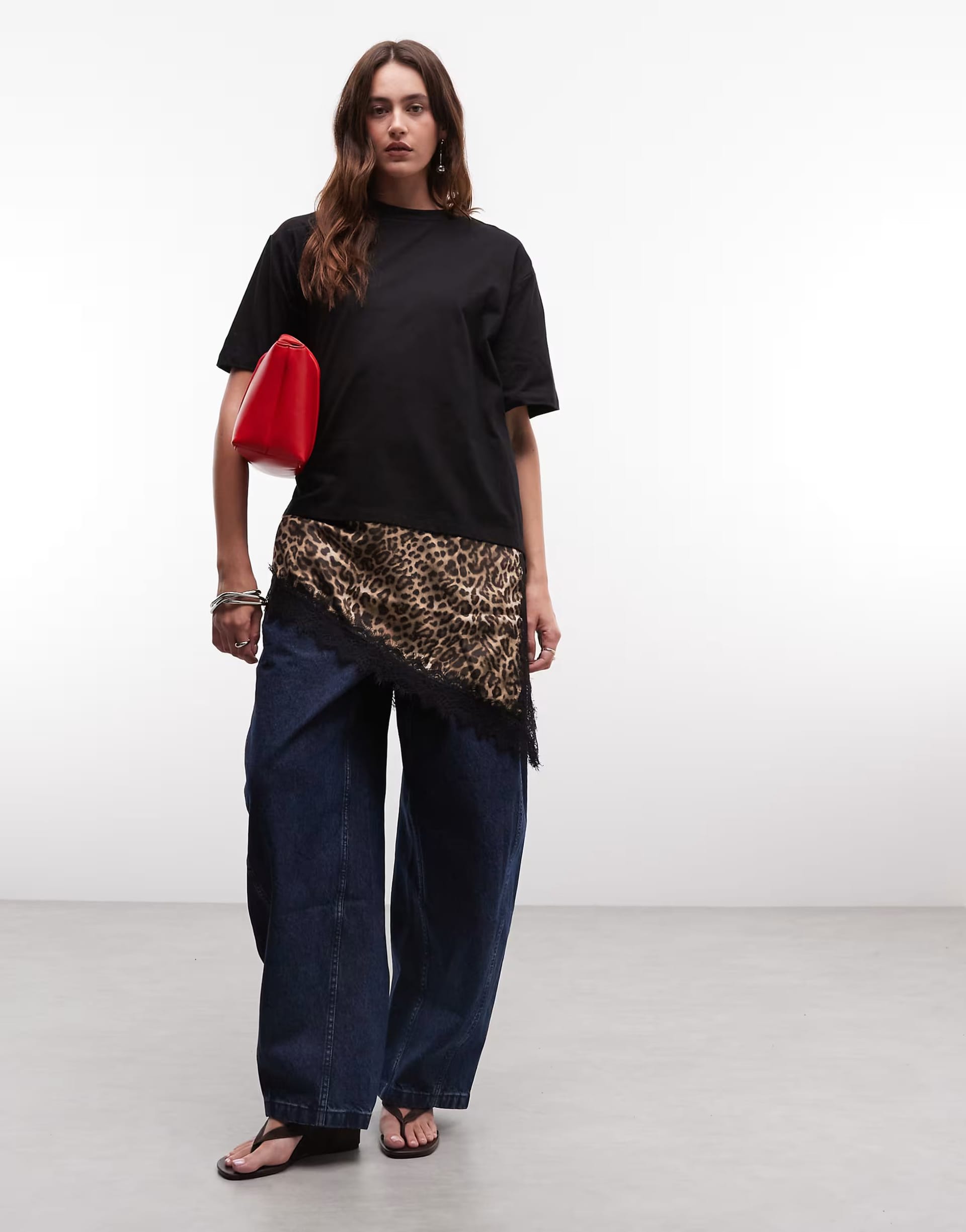 Noisy May oversized t-shirt with asymm satin lace hem underlay in black leopard
