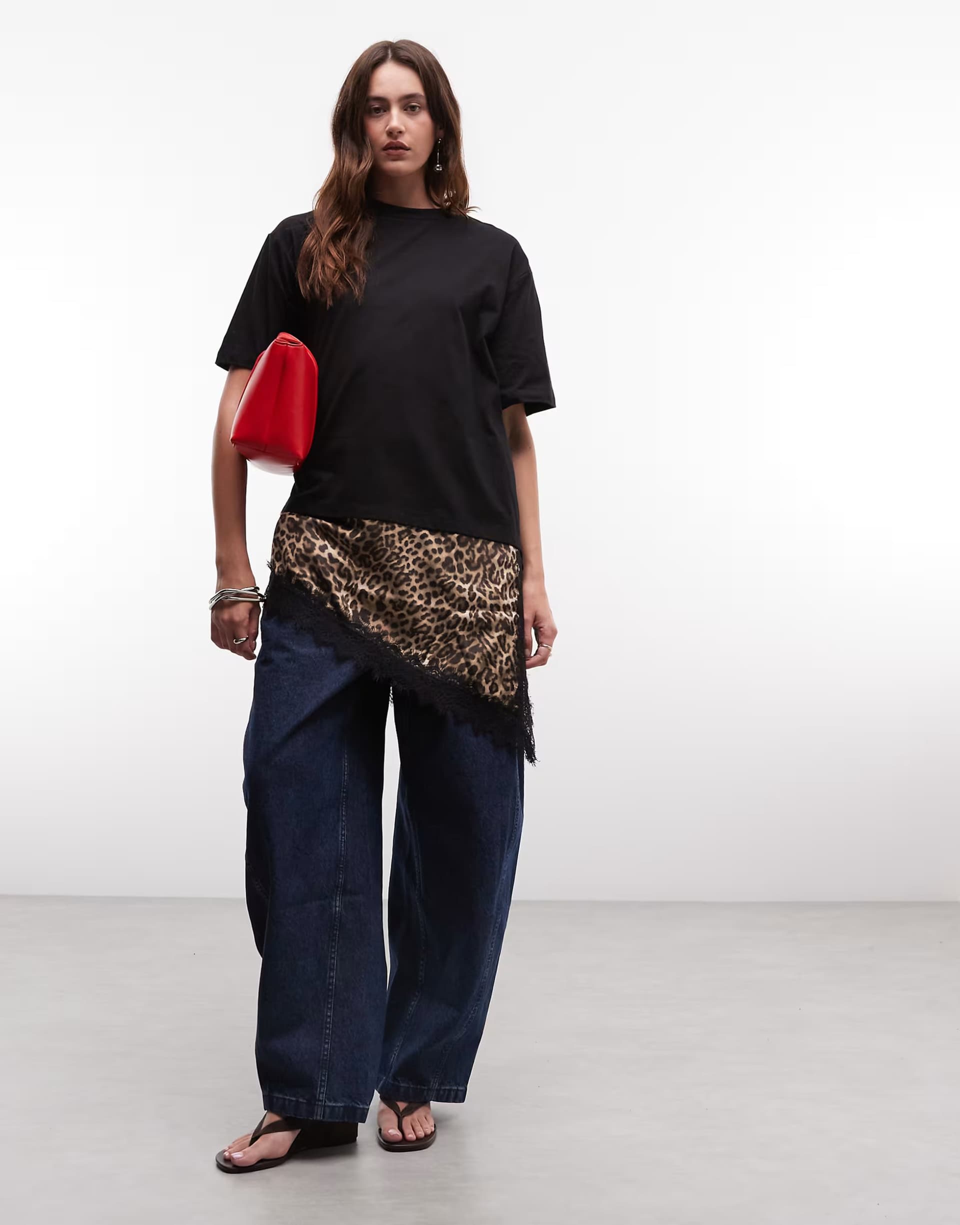 ASOS Noisy May oversized t-shirt with asymm satin lace hem underlay in black leopard