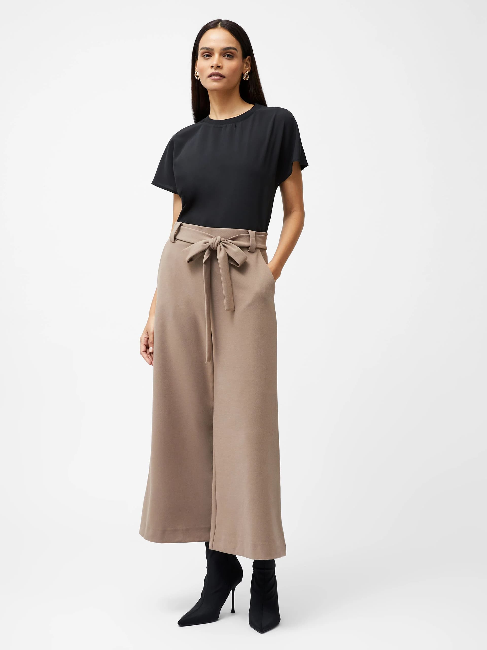 French Connection Whisper High Waisted Taupe Belted Culotte Trousers Mocha Mousse