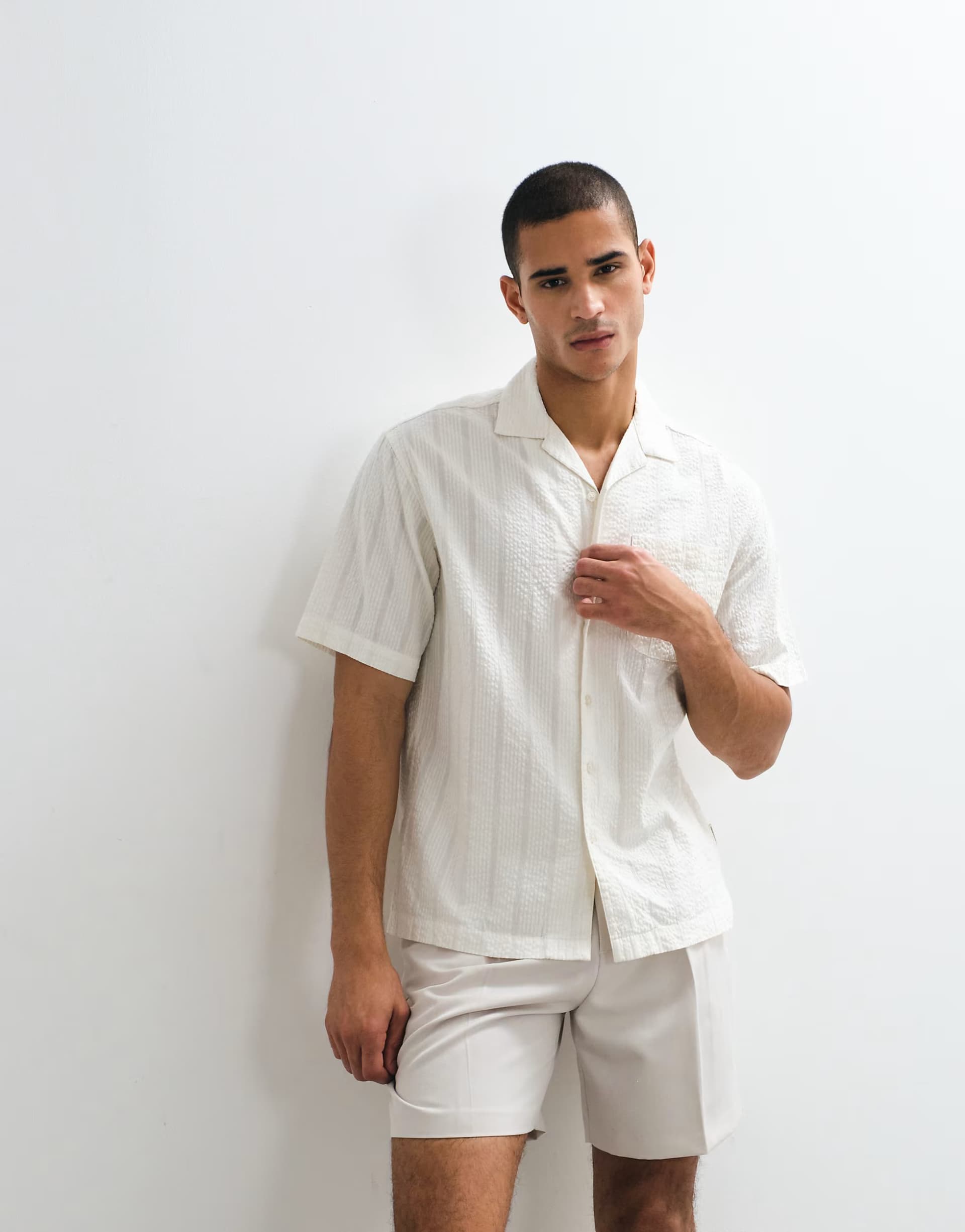 ASOS Redefined Rebel Shai boxy fit short sleeve textured seersucker shirt in white